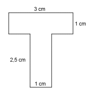 Figuren er formet som en stor T og kan bygges opp av to rektangler (loddrett og vannrett). Den vannrette har lengde 3 cm og bredde 1 cm. Den loddrette har lengde 2,5 cm og bredde 1 cm.